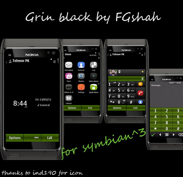 grin black symbian3 mobile theme